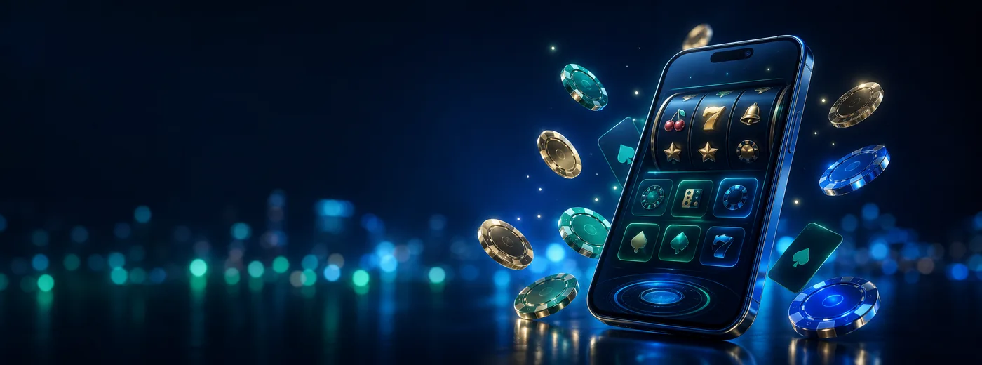 Celular con el lobby de Nano Casino y fichas de casino sobre fondo azul