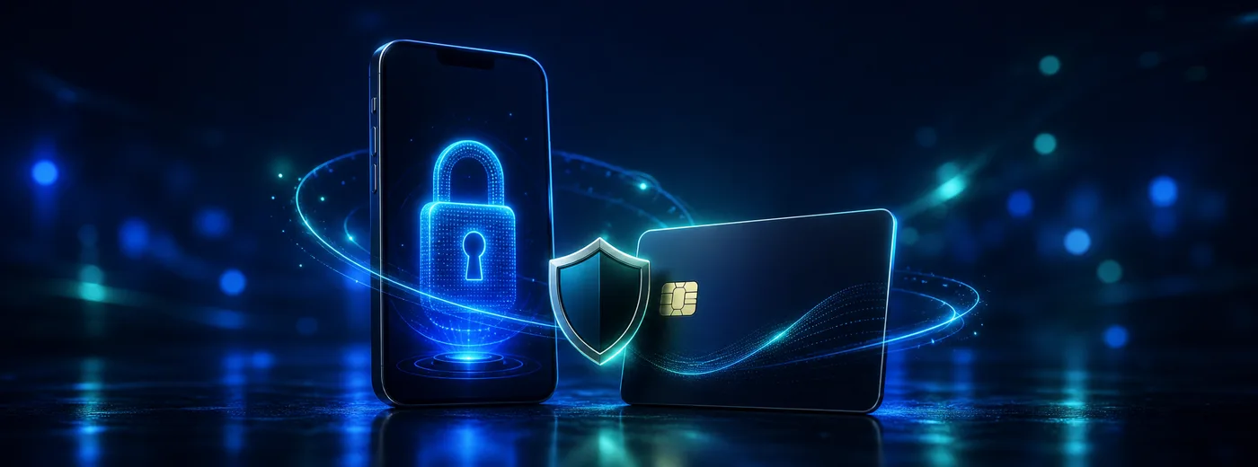 Celular con candado de seguridad junto a una tarjeta bancaria
