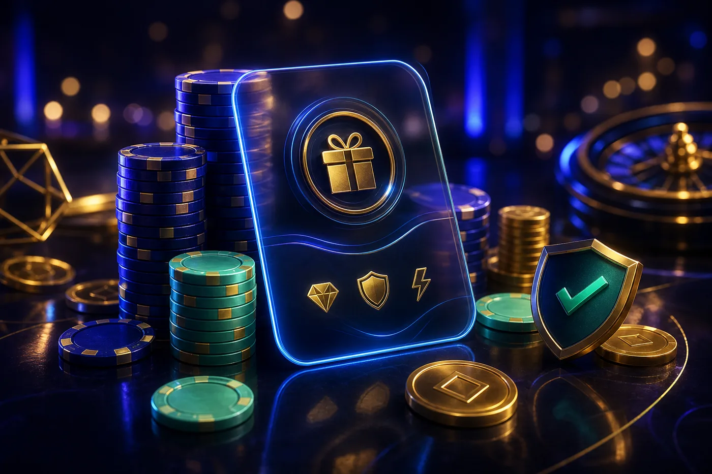 Fichas y tarjetas de bono sobre una mesa de casino